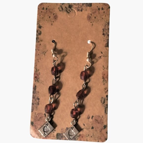 Ace Of Hearts Dangle Earrings Red Beads Silver Charm Good Luck Valentine - Picture 4 of 6